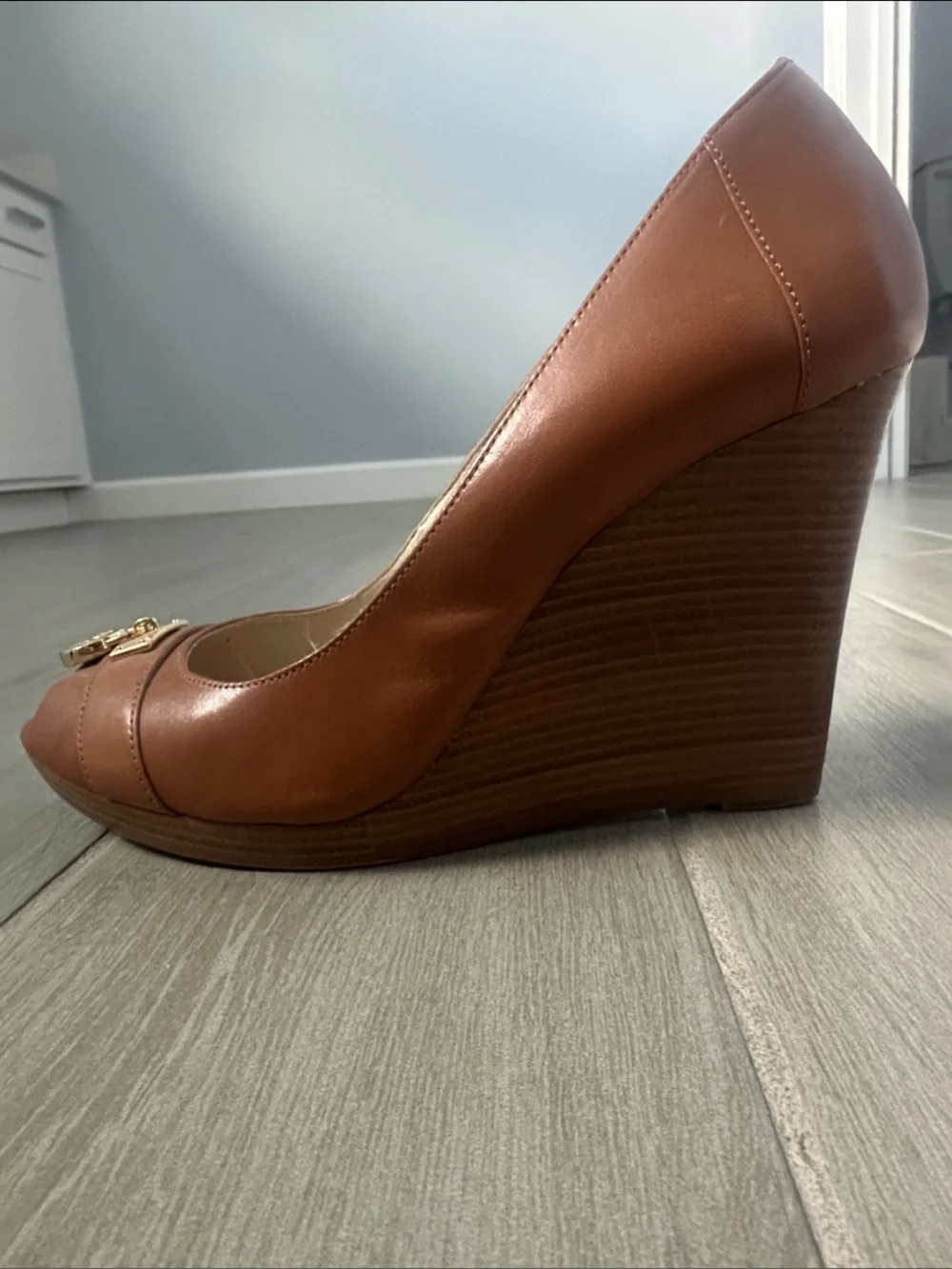 Michael Kors Cognac Leather Peep-Toe Platform Pumps with Gold Emblem